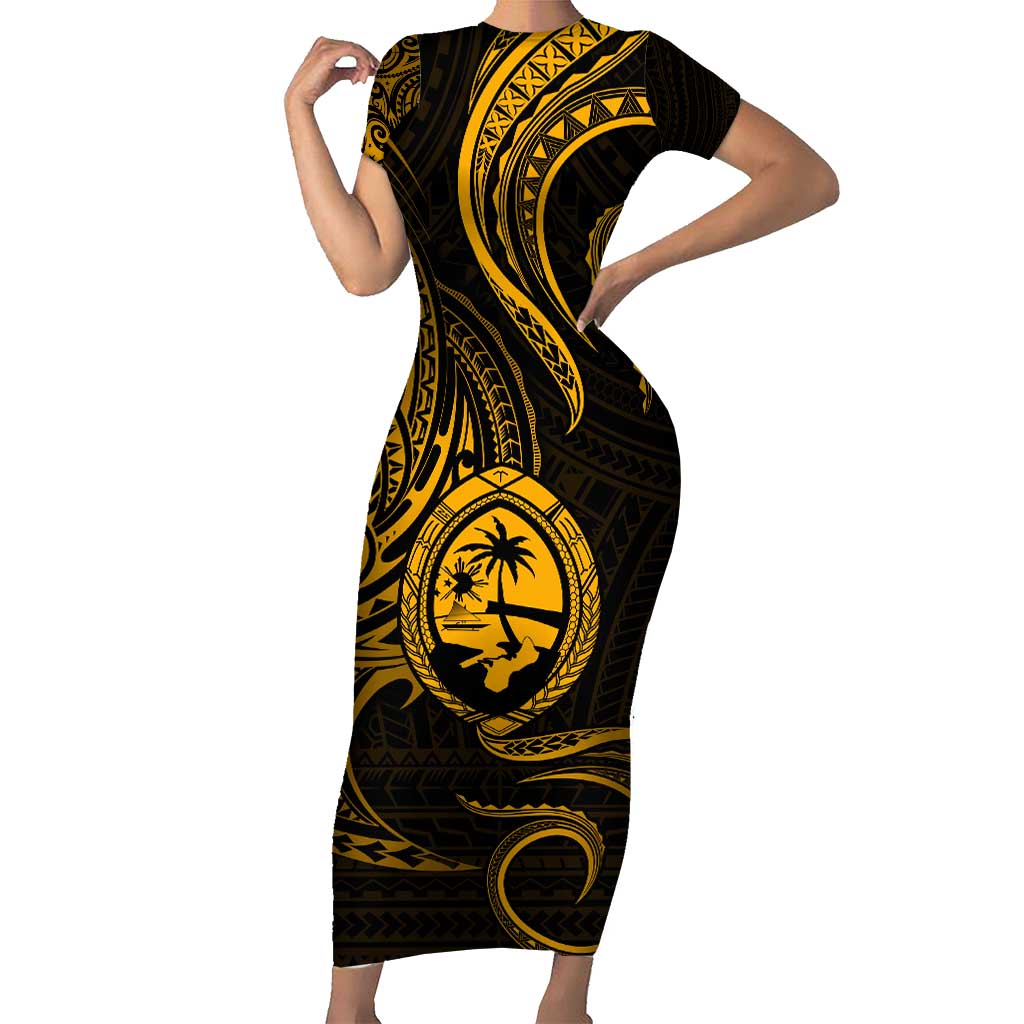Polynesian Guam Coat of Arms Family Matching Short Sleeve Bodycon Dress and Hawaiian Shirt Polynesian Tribal Tattoo Gold Version LT9 Mom's Dress Gold - Polynesian Pride