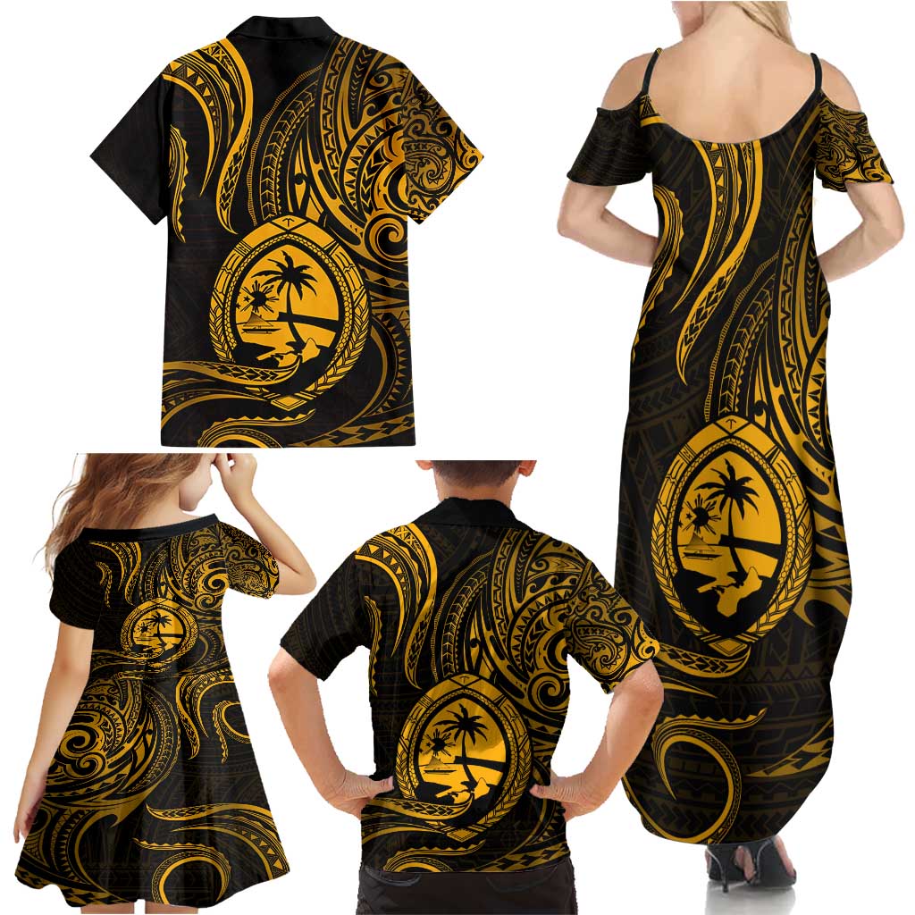 Polynesian Guam Coat of Arms Family Matching Summer Maxi Dress and Hawaiian Shirt Polynesian Tribal Tattoo Gold Version LT9 - Polynesian Pride