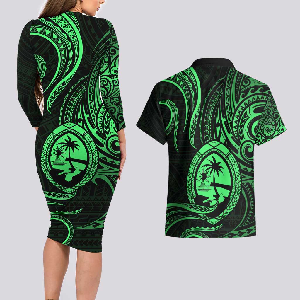 Polynesian Guam Coat of Arms Couples Matching Long Sleeve Bodycon Dress and Hawaiian Shirt Polynesian Tribal Tattoo Green Version LT9 - Polynesian Pride
