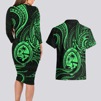 Polynesian Guam Coat of Arms Couples Matching Long Sleeve Bodycon Dress and Hawaiian Shirt Polynesian Tribal Tattoo Green Version LT9 - Polynesian Pride