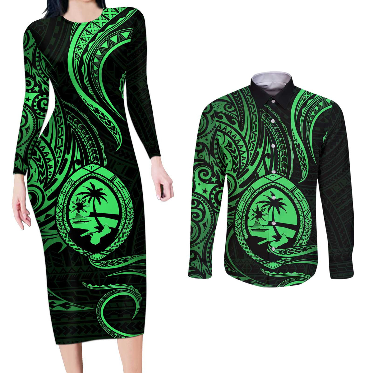 Polynesian Guam Coat of Arms Couples Matching Long Sleeve Bodycon Dress and Long Sleeve Button Shirt Polynesian Tribal Tattoo Green Version LT9 Green - Polynesian Pride