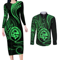 Polynesian Guam Coat of Arms Couples Matching Long Sleeve Bodycon Dress and Long Sleeve Button Shirt Polynesian Tribal Tattoo Green Version LT9 Green - Polynesian Pride