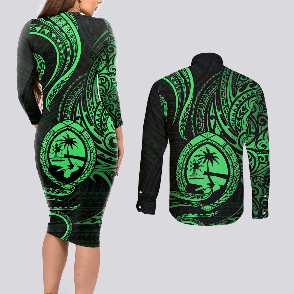 Polynesian Guam Coat of Arms Couples Matching Long Sleeve Bodycon Dress and Long Sleeve Button Shirt Polynesian Tribal Tattoo Green Version LT9 - Polynesian Pride