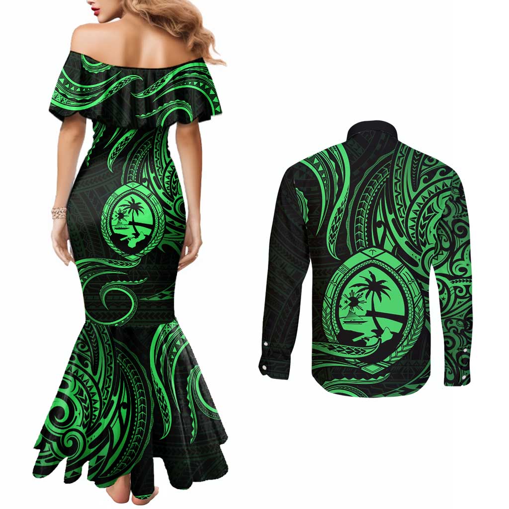 Polynesian Guam Coat of Arms Couples Matching Mermaid Dress and Long Sleeve Button Shirt Polynesian Tribal Tattoo Green Version LT9 - Polynesian Pride
