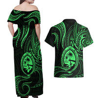 Polynesian Guam Coat of Arms Couples Matching Off Shoulder Maxi Dress and Hawaiian Shirt Polynesian Tribal Tattoo Green Version LT9 - Polynesian Pride