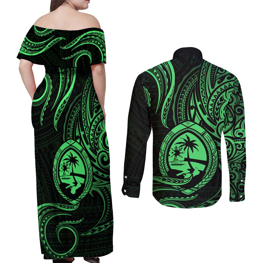 Polynesian Guam Coat of Arms Couples Matching Off Shoulder Maxi Dress and Long Sleeve Button Shirt Polynesian Tribal Tattoo Green Version LT9 - Polynesian Pride