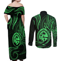 Polynesian Guam Coat of Arms Couples Matching Off Shoulder Maxi Dress and Long Sleeve Button Shirt Polynesian Tribal Tattoo Green Version LT9 - Polynesian Pride
