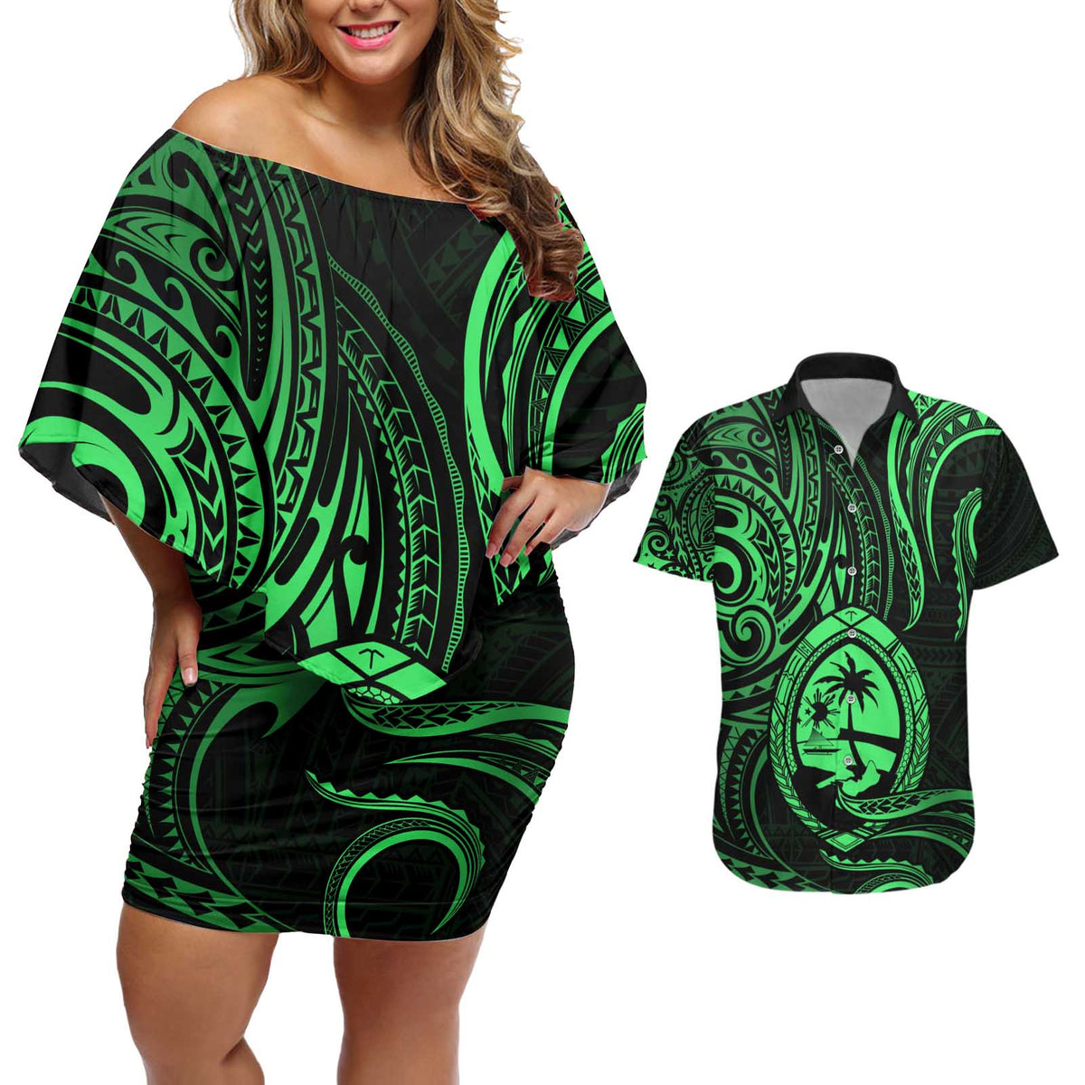 Polynesian Guam Coat of Arms Couples Matching Off Shoulder Short Dress and Hawaiian Shirt Polynesian Tribal Tattoo Green Version LT9 Green - Polynesian Pride