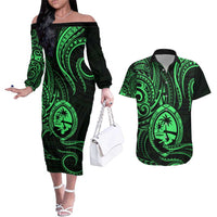 Polynesian Guam Coat of Arms Couples Matching Off The Shoulder Long Sleeve Dress and Hawaiian Shirt Polynesian Tribal Tattoo Green Version LT9 Green - Polynesian Pride