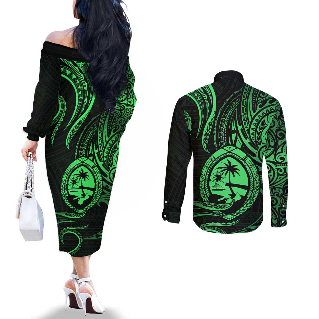 Polynesian Guam Coat of Arms Couples Matching Off The Shoulder Long Sleeve Dress and Long Sleeve Button Shirt Polynesian Tribal Tattoo Green Version LT9 - Polynesian Pride