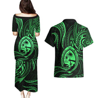 Polynesian Guam Coat of Arms Couples Matching Puletasi and Hawaiian Shirt Polynesian Tribal Tattoo Green Version LT9 - Polynesian Pride
