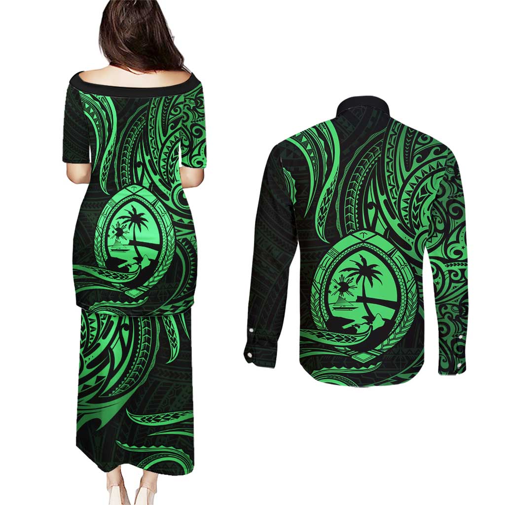 Polynesian Guam Coat of Arms Couples Matching Puletasi and Long Sleeve Button Shirt Polynesian Tribal Tattoo Green Version LT9 - Polynesian Pride