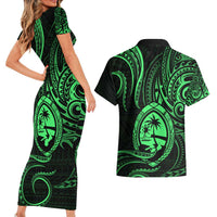 Polynesian Guam Coat of Arms Couples Matching Short Sleeve Bodycon Dress and Hawaiian Shirt Polynesian Tribal Tattoo Green Version LT9 - Polynesian Pride
