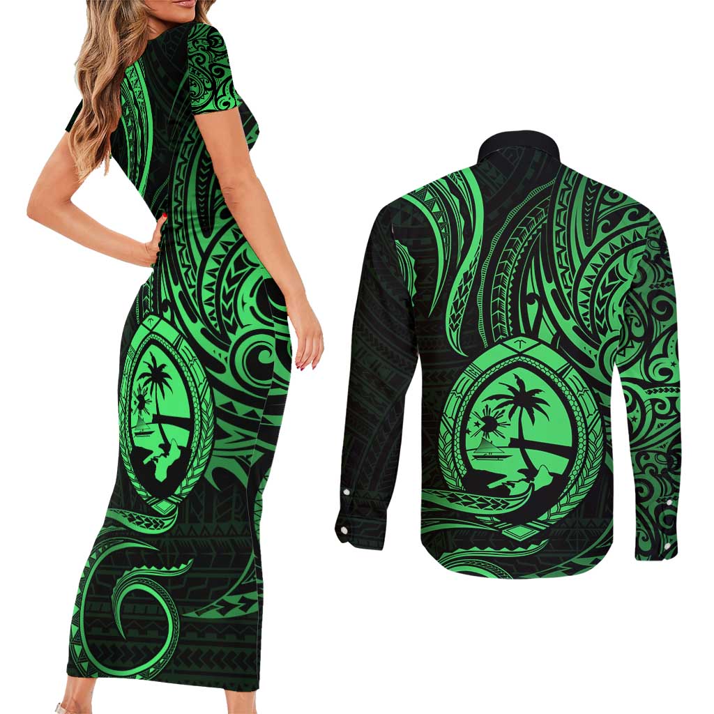 Polynesian Guam Coat of Arms Couples Matching Short Sleeve Bodycon Dress and Long Sleeve Button Shirt Polynesian Tribal Tattoo Green Version LT9 - Polynesian Pride