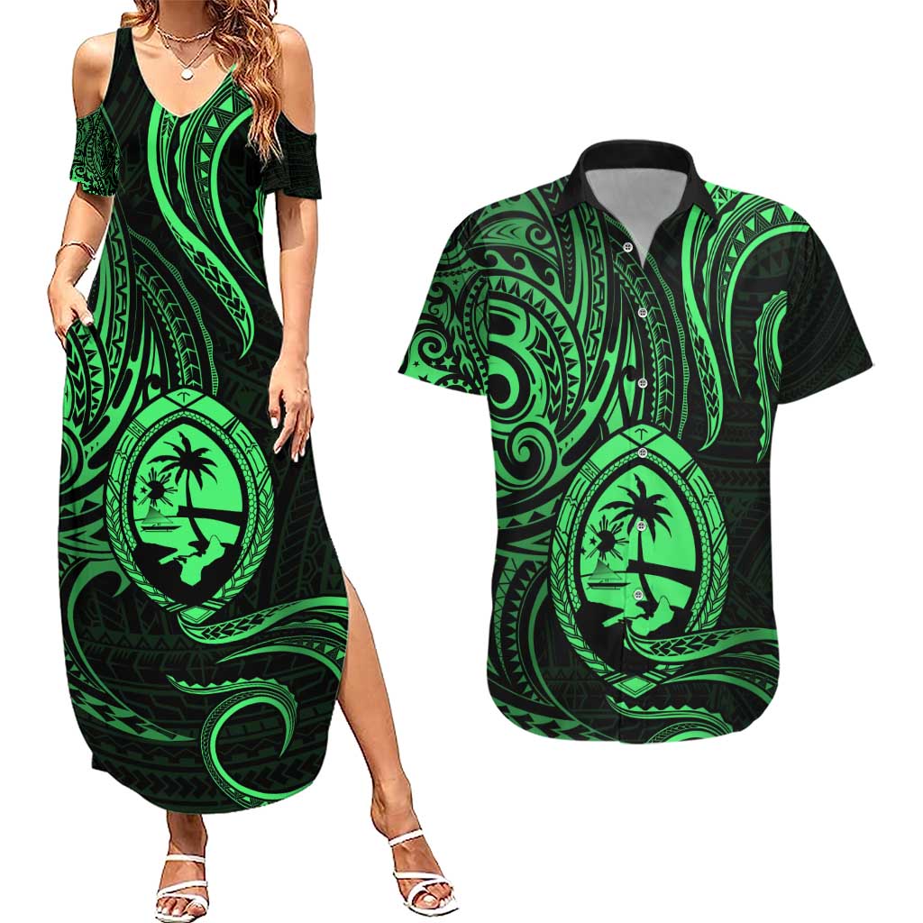 Polynesian Guam Coat of Arms Couples Matching Summer Maxi Dress and Hawaiian Shirt Polynesian Tribal Tattoo Green Version LT9 Green - Polynesian Pride