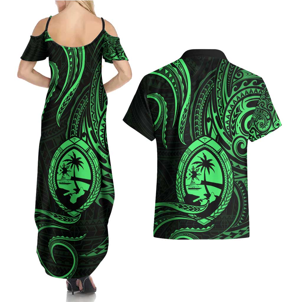 Polynesian Guam Coat of Arms Couples Matching Summer Maxi Dress and Hawaiian Shirt Polynesian Tribal Tattoo Green Version LT9 - Polynesian Pride