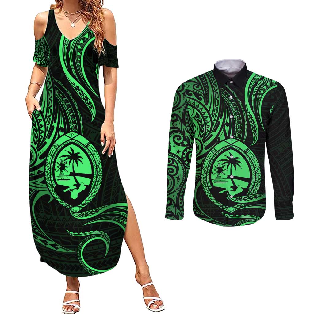 Polynesian Guam Coat of Arms Couples Matching Summer Maxi Dress and Long Sleeve Button Shirt Polynesian Tribal Tattoo Green Version LT9 Green - Polynesian Pride