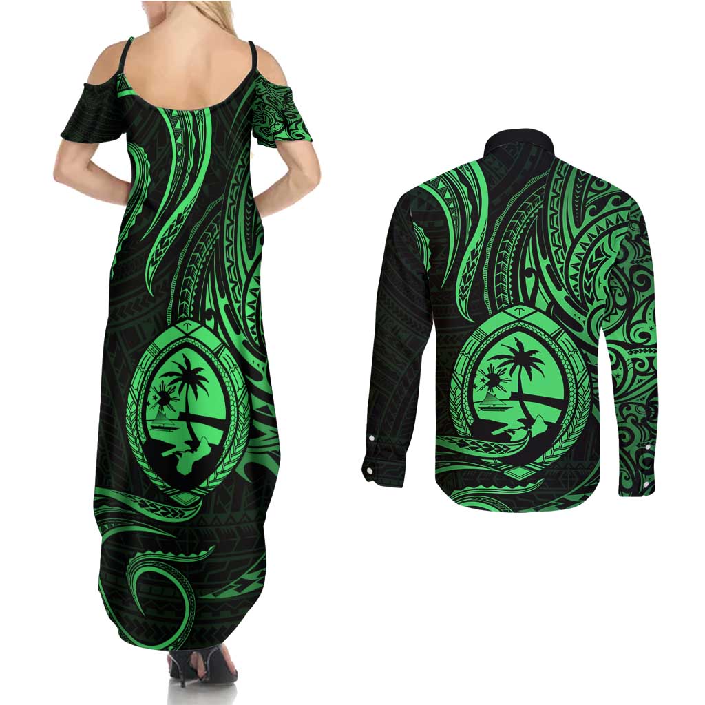 Polynesian Guam Coat of Arms Couples Matching Summer Maxi Dress and Long Sleeve Button Shirt Polynesian Tribal Tattoo Green Version LT9 - Polynesian Pride