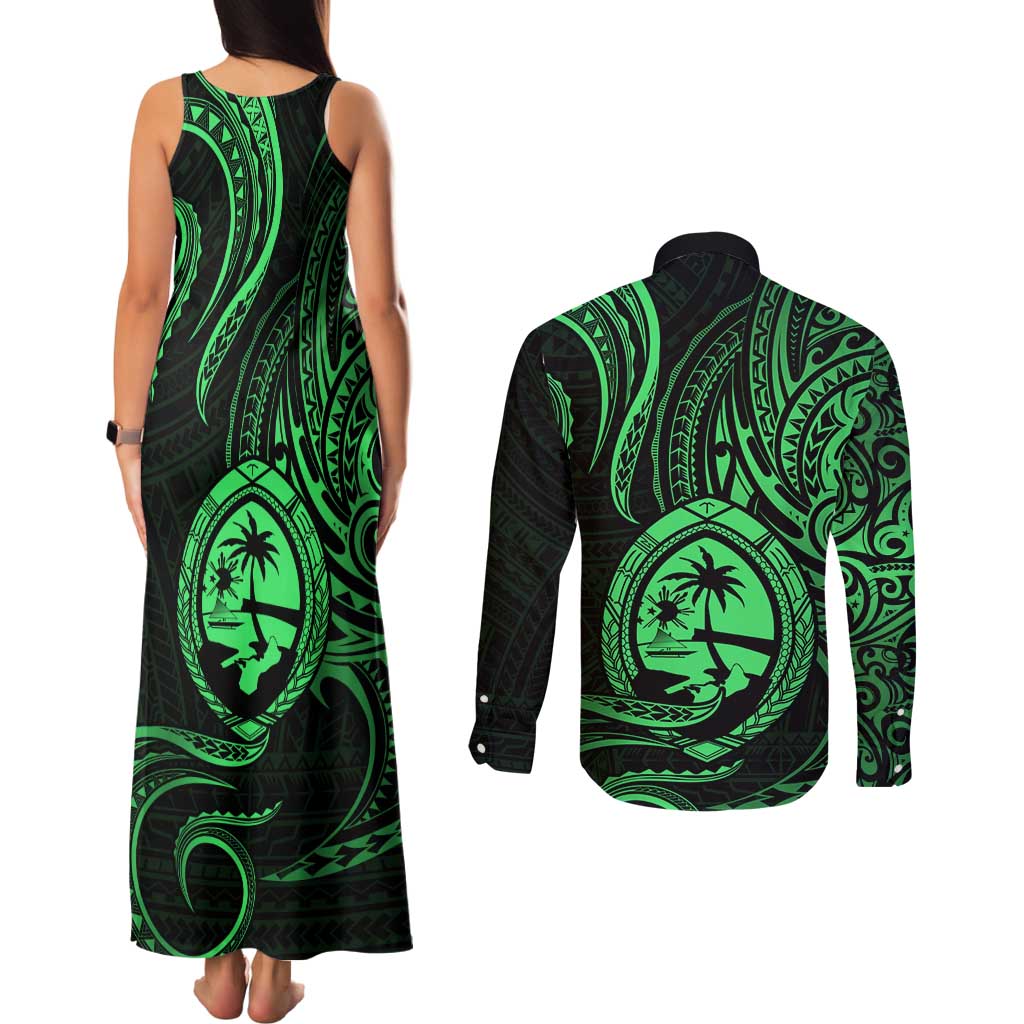 Polynesian Guam Coat of Arms Couples Matching Tank Maxi Dress and Long Sleeve Button Shirt Polynesian Tribal Tattoo Green Version LT9 - Polynesian Pride