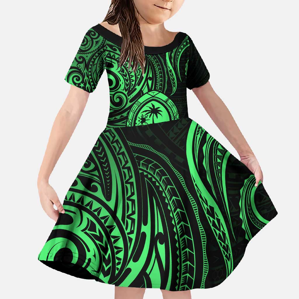 Polynesian Guam Coat of Arms Family Matching Long Sleeve Bodycon Dress and Hawaiian Shirt Polynesian Tribal Tattoo Green Version LT9 Daughter's Dress Green - Polynesian Pride