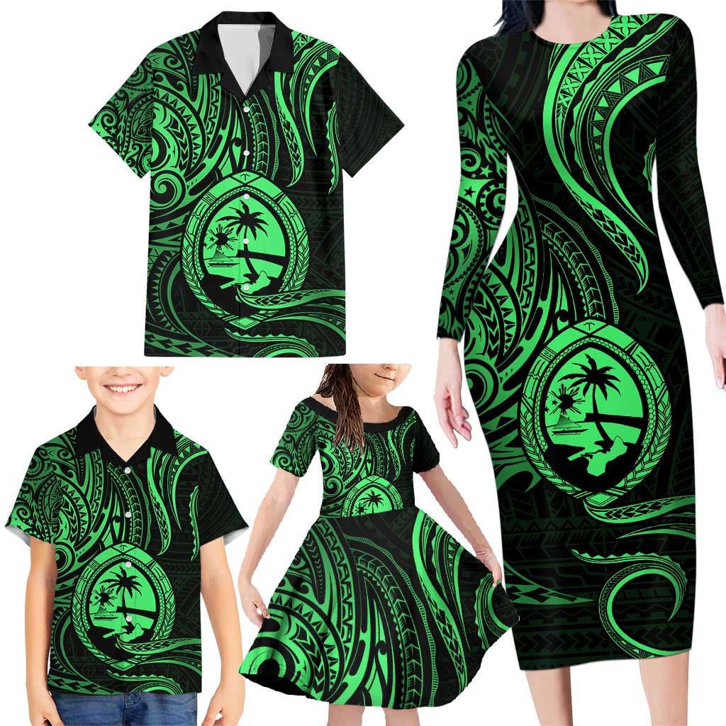 Polynesian Guam Coat of Arms Family Matching Long Sleeve Bodycon Dress and Hawaiian Shirt Polynesian Tribal Tattoo Green Version LT9 - Polynesian Pride
