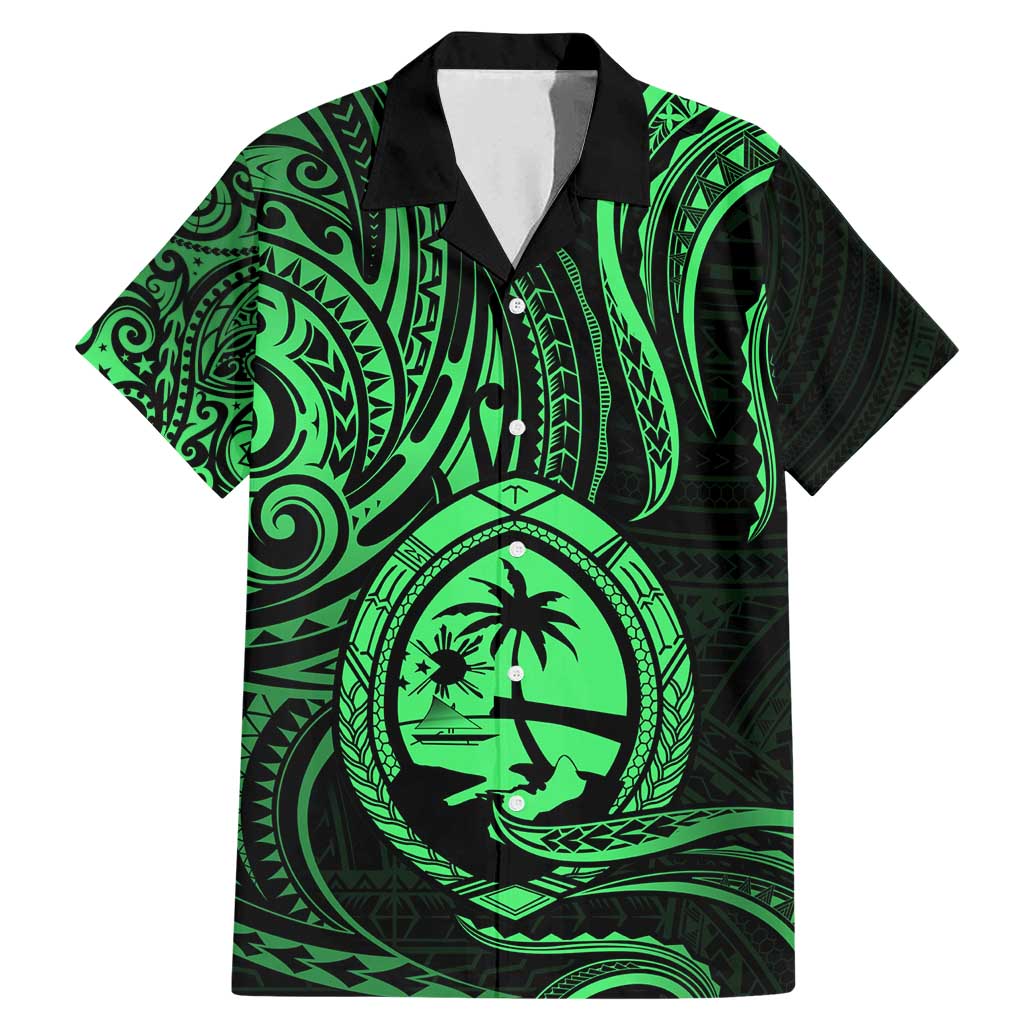 Polynesian Guam Coat of Arms Family Matching Mermaid Dress and Hawaiian Shirt Polynesian Tribal Tattoo Green Version LT9 Dad's Shirt - Short Sleeve Green - Polynesian Pride