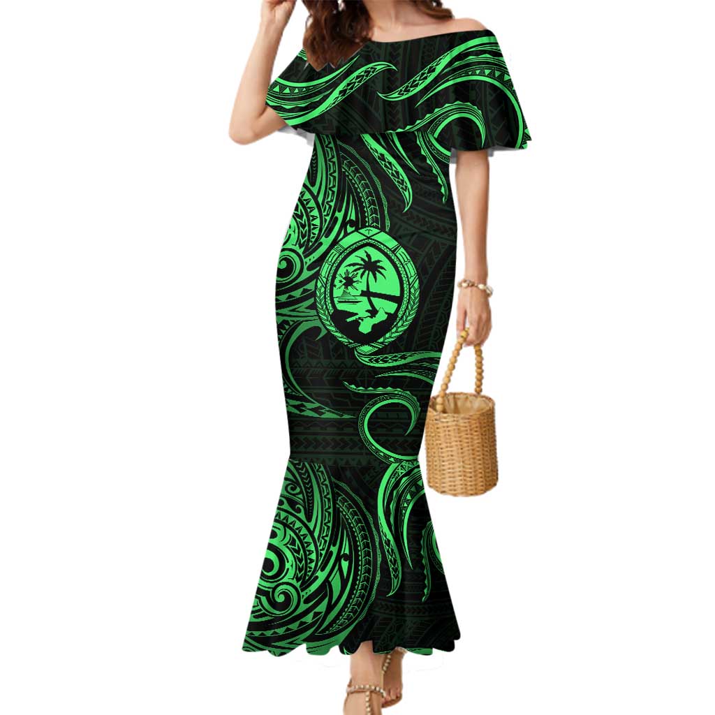 Polynesian Guam Coat of Arms Family Matching Mermaid Dress and Hawaiian Shirt Polynesian Tribal Tattoo Green Version LT9 Mom's Dress Green - Polynesian Pride