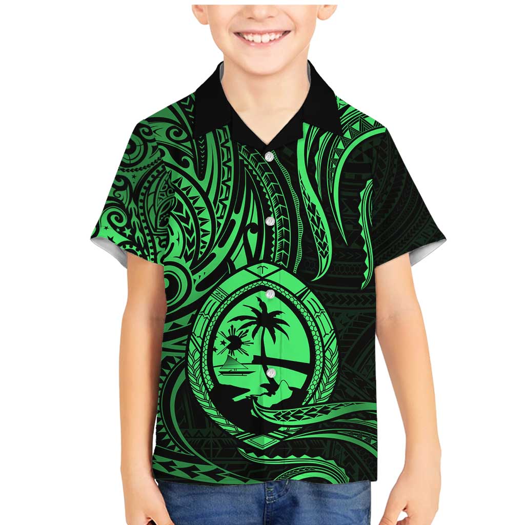 Polynesian Guam Coat of Arms Family Matching Mermaid Dress and Hawaiian Shirt Polynesian Tribal Tattoo Green Version LT9 Son's Shirt Green - Polynesian Pride