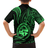 Polynesian Guam Coat of Arms Family Matching Off The Shoulder Long Sleeve Dress and Hawaiian Shirt Polynesian Tribal Tattoo Green Version LT9 - Polynesian Pride