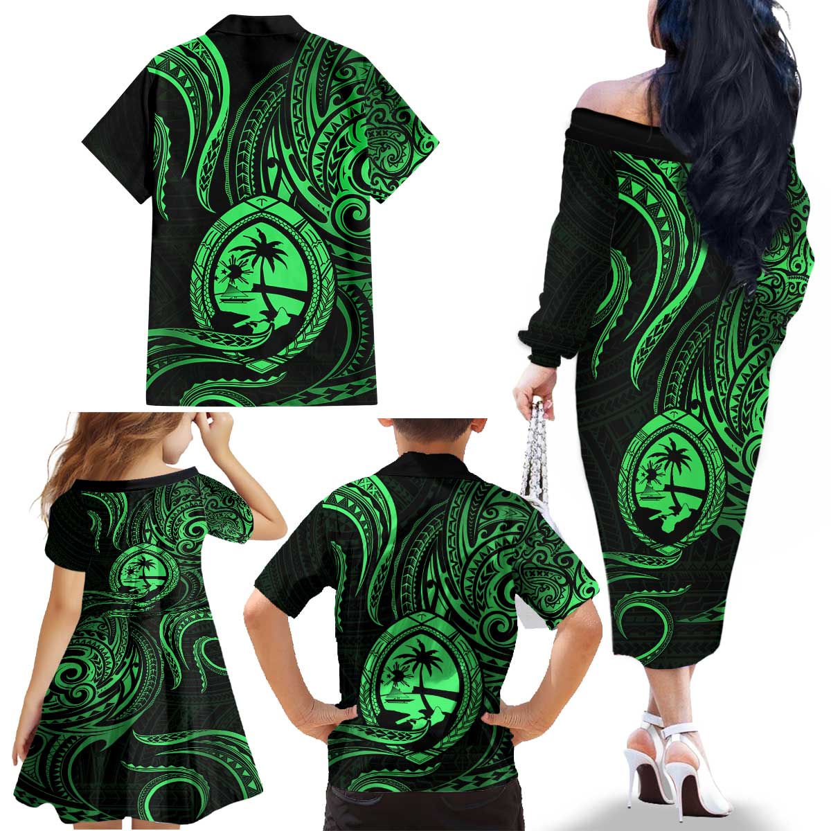 Polynesian Guam Coat of Arms Family Matching Off The Shoulder Long Sleeve Dress and Hawaiian Shirt Polynesian Tribal Tattoo Green Version LT9 - Polynesian Pride