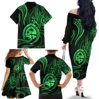Polynesian Guam Coat of Arms Family Matching Off The Shoulder Long Sleeve Dress and Hawaiian Shirt Polynesian Tribal Tattoo Green Version LT9 - Polynesian Pride