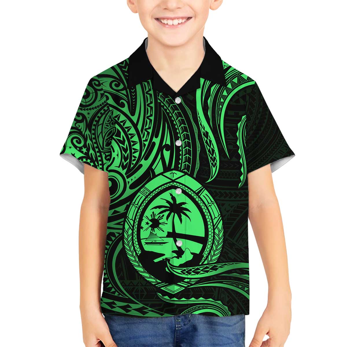Polynesian Guam Coat of Arms Family Matching Off The Shoulder Long Sleeve Dress and Hawaiian Shirt Polynesian Tribal Tattoo Green Version LT9 Son's Shirt Green - Polynesian Pride