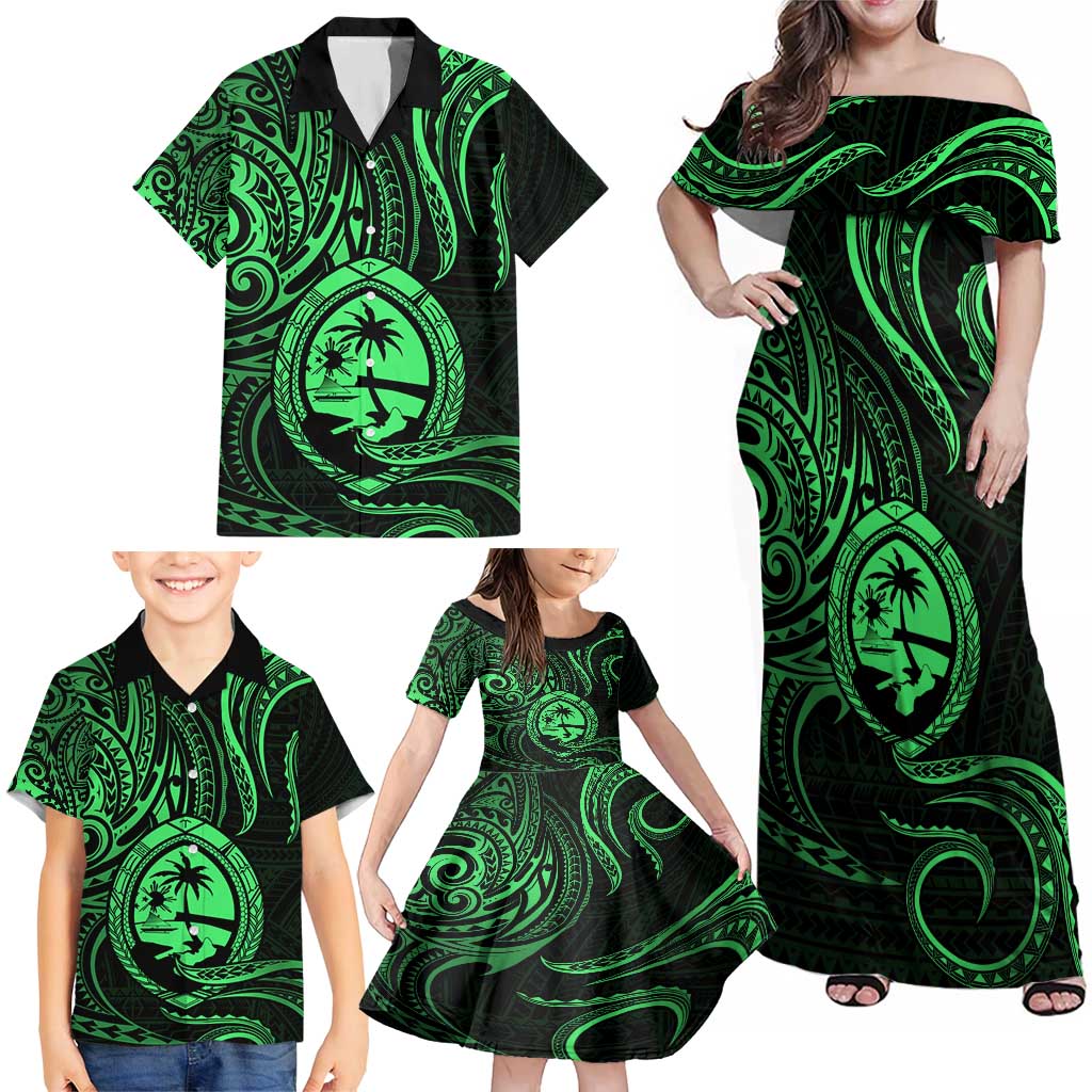 Polynesian Guam Coat of Arms Family Matching Off Shoulder Maxi Dress and Hawaiian Shirt Polynesian Tribal Tattoo Green Version LT9 - Polynesian Pride