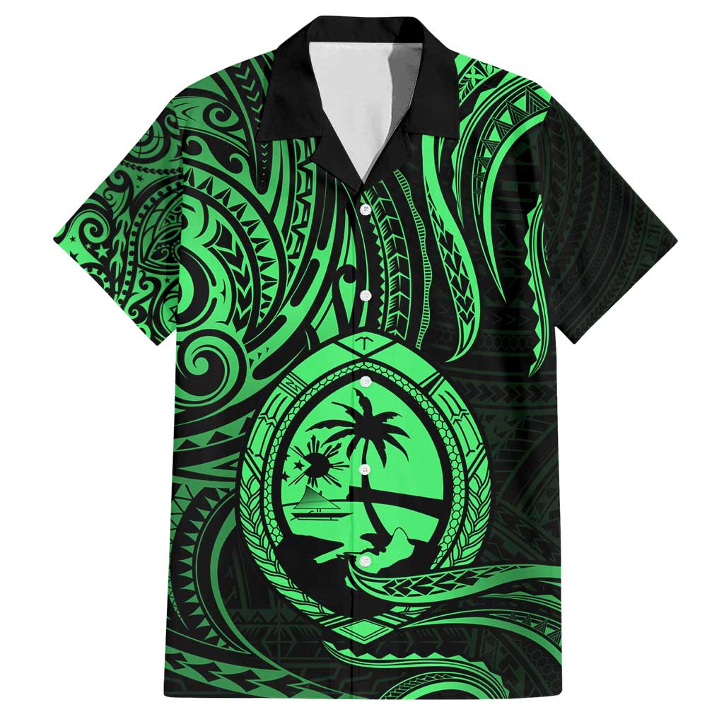 Polynesian Guam Coat of Arms Family Matching Off Shoulder Maxi Dress and Hawaiian Shirt Polynesian Tribal Tattoo Green Version LT9 Dad's Shirt - Short Sleeve Green - Polynesian Pride