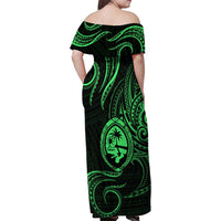 Polynesian Guam Coat of Arms Family Matching Off Shoulder Maxi Dress and Hawaiian Shirt Polynesian Tribal Tattoo Green Version LT9 - Polynesian Pride