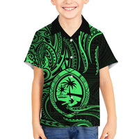 Polynesian Guam Coat of Arms Family Matching Off Shoulder Maxi Dress and Hawaiian Shirt Polynesian Tribal Tattoo Green Version LT9 Son's Shirt Green - Polynesian Pride