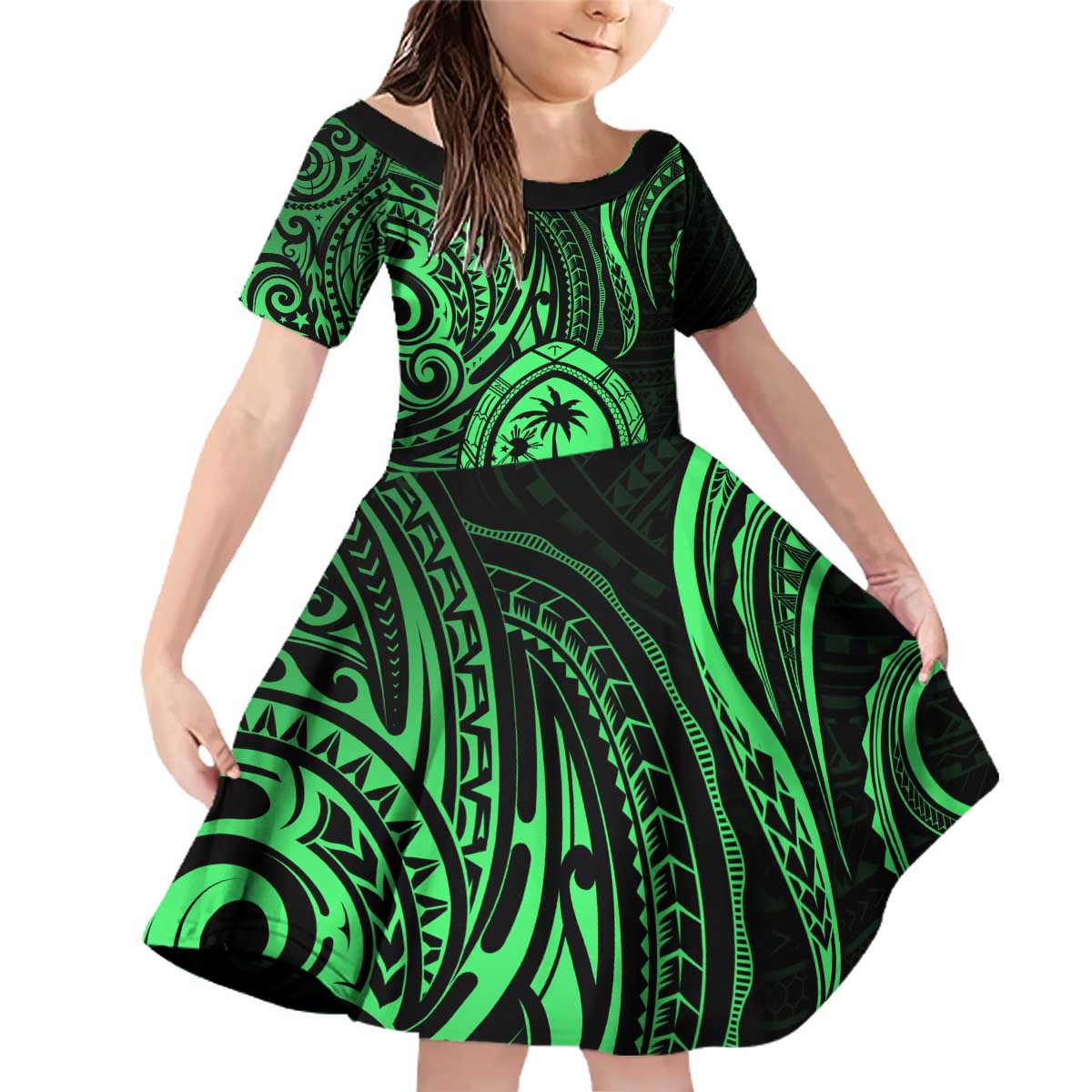 Polynesian Guam Coat of Arms Family Matching Off Shoulder Short Dress and Hawaiian Shirt Polynesian Tribal Tattoo Green Version LT9 Daughter's Dress Green - Polynesian Pride