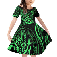 Polynesian Guam Coat of Arms Family Matching Off Shoulder Short Dress and Hawaiian Shirt Polynesian Tribal Tattoo Green Version LT9 Daughter's Dress Green - Polynesian Pride
