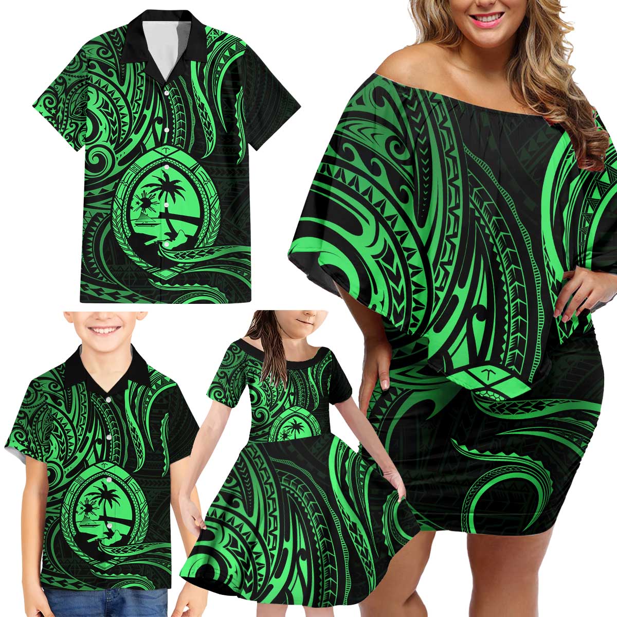 Polynesian Guam Coat of Arms Family Matching Off Shoulder Short Dress and Hawaiian Shirt Polynesian Tribal Tattoo Green Version LT9 - Polynesian Pride