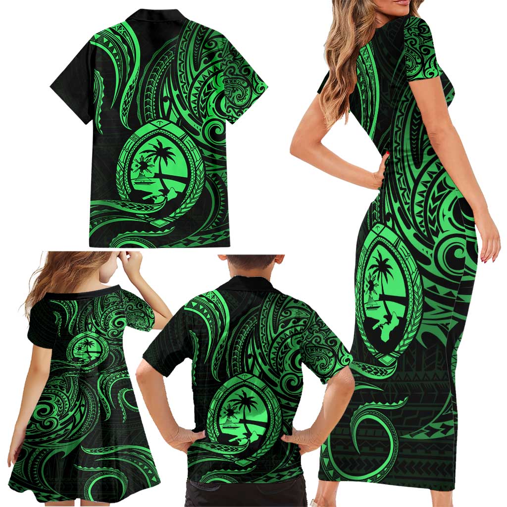 Polynesian Guam Coat of Arms Family Matching Short Sleeve Bodycon Dress and Hawaiian Shirt Polynesian Tribal Tattoo Green Version LT9 - Polynesian Pride