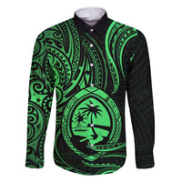 Polynesian Guam Coat of Arms Family Matching Short Sleeve Bodycon Dress and Hawaiian Shirt Polynesian Tribal Tattoo Green Version LT9 Dad's Shirt - Long Sleeve Green - Polynesian Pride