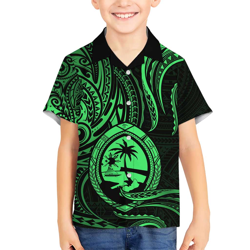 Polynesian Guam Coat of Arms Family Matching Short Sleeve Bodycon Dress and Hawaiian Shirt Polynesian Tribal Tattoo Green Version LT9 Son's Shirt Green - Polynesian Pride