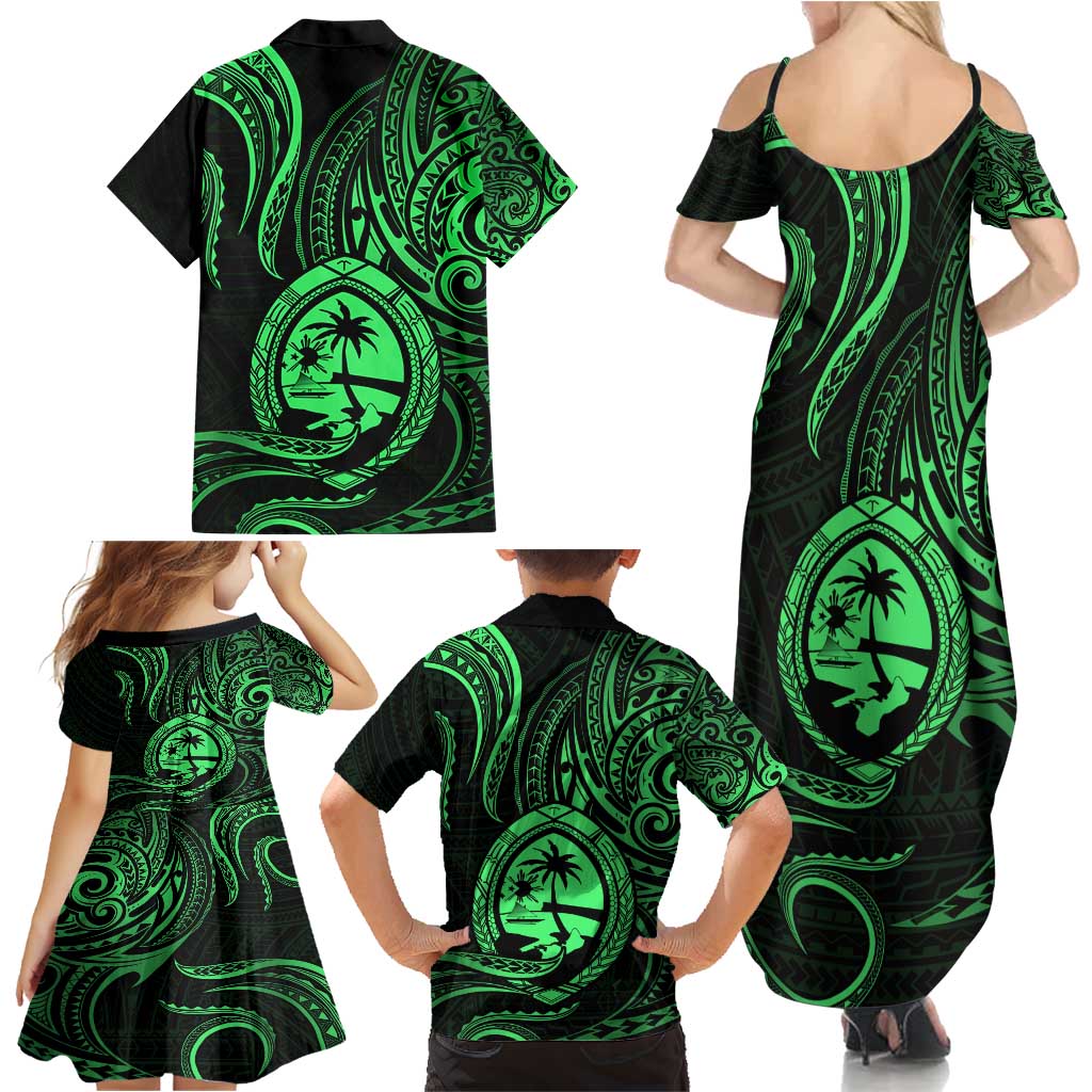 Polynesian Guam Coat of Arms Family Matching Summer Maxi Dress and Hawaiian Shirt Polynesian Tribal Tattoo Green Version LT9 - Polynesian Pride
