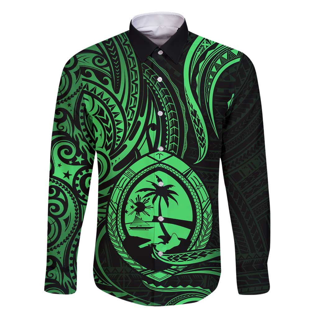 Polynesian Guam Coat of Arms Family Matching Tank Maxi Dress and Hawaiian Shirt Polynesian Tribal Tattoo Green Version LT9 Dad's Shirt - Long Sleeve Green - Polynesian Pride