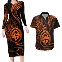 Polynesian Guam Coat of Arms Couples Matching Long Sleeve Bodycon Dress and Hawaiian Shirt Polynesian Tribal Tattoo Orange Version LT9 Orange - Polynesian Pride