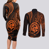 Polynesian Guam Coat of Arms Couples Matching Long Sleeve Bodycon Dress and Long Sleeve Button Shirt Polynesian Tribal Tattoo Orange Version LT9 - Polynesian Pride