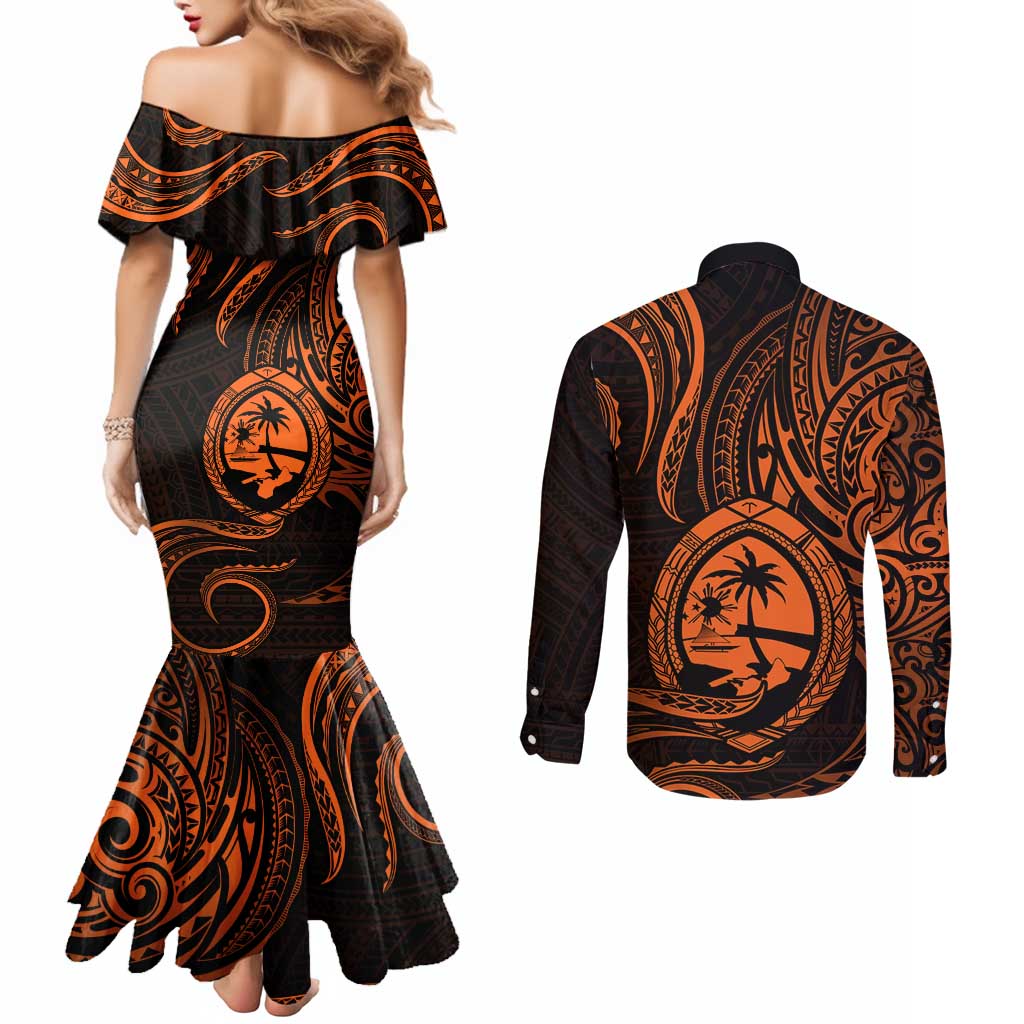 Polynesian Guam Coat of Arms Couples Matching Mermaid Dress and Long Sleeve Button Shirt Polynesian Tribal Tattoo Orange Version LT9 - Polynesian Pride