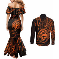 Polynesian Guam Coat of Arms Couples Matching Mermaid Dress and Long Sleeve Button Shirt Polynesian Tribal Tattoo Orange Version LT9 - Polynesian Pride