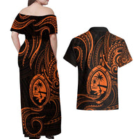 Polynesian Guam Coat of Arms Couples Matching Off Shoulder Maxi Dress and Hawaiian Shirt Polynesian Tribal Tattoo Orange Version LT9 - Polynesian Pride