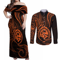 Polynesian Guam Coat of Arms Couples Matching Off Shoulder Maxi Dress and Long Sleeve Button Shirt Polynesian Tribal Tattoo Orange Version LT9 Orange - Polynesian Pride